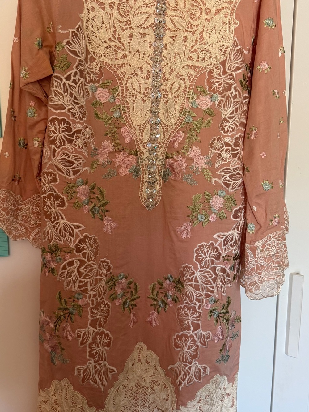 Embroidered Pink Floral Women's Dress with Lace & Sequin Detail (3 piece suit)